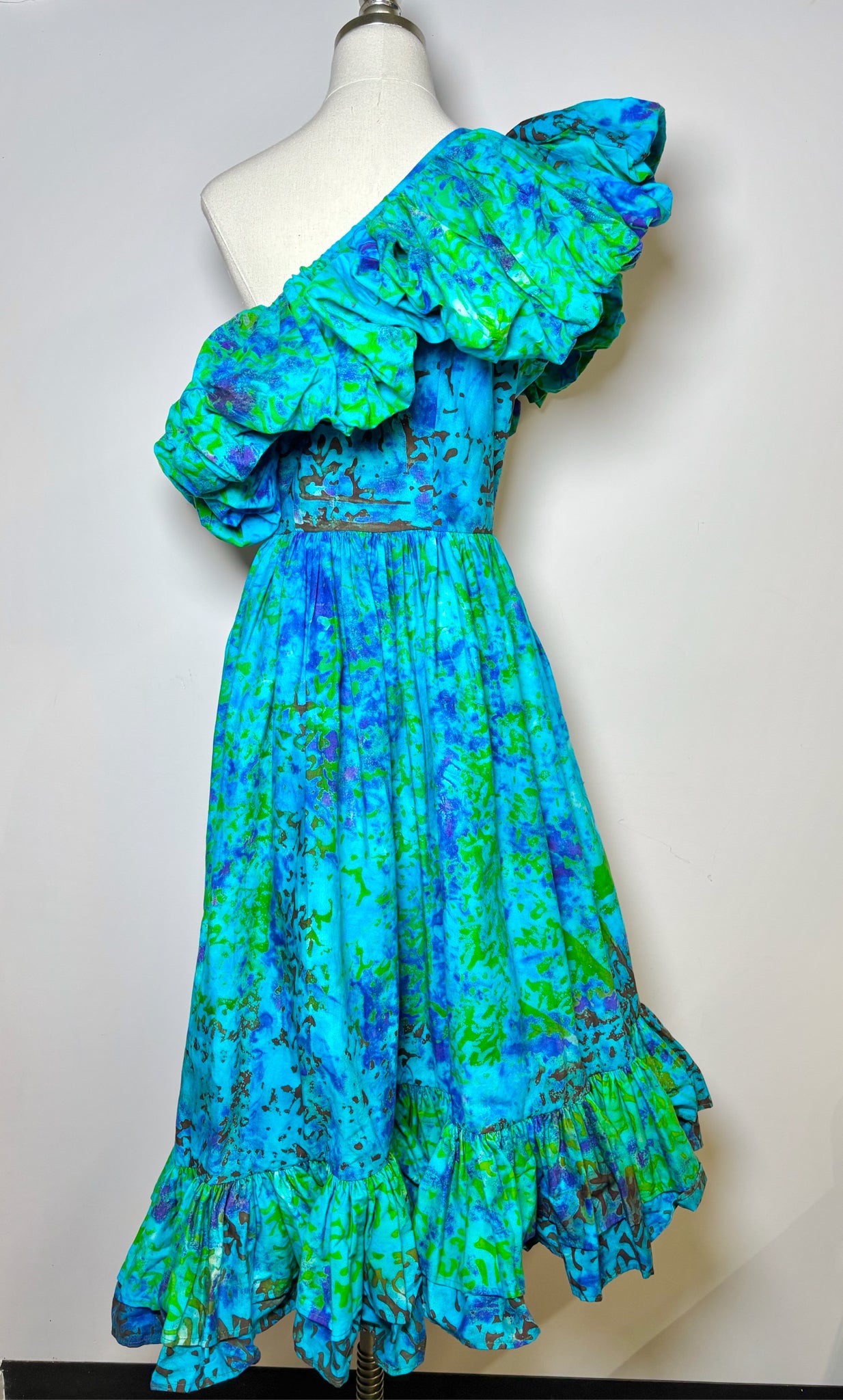 Women Size XL SIKA Blue, Green Print Cotton One Shoulder Dress