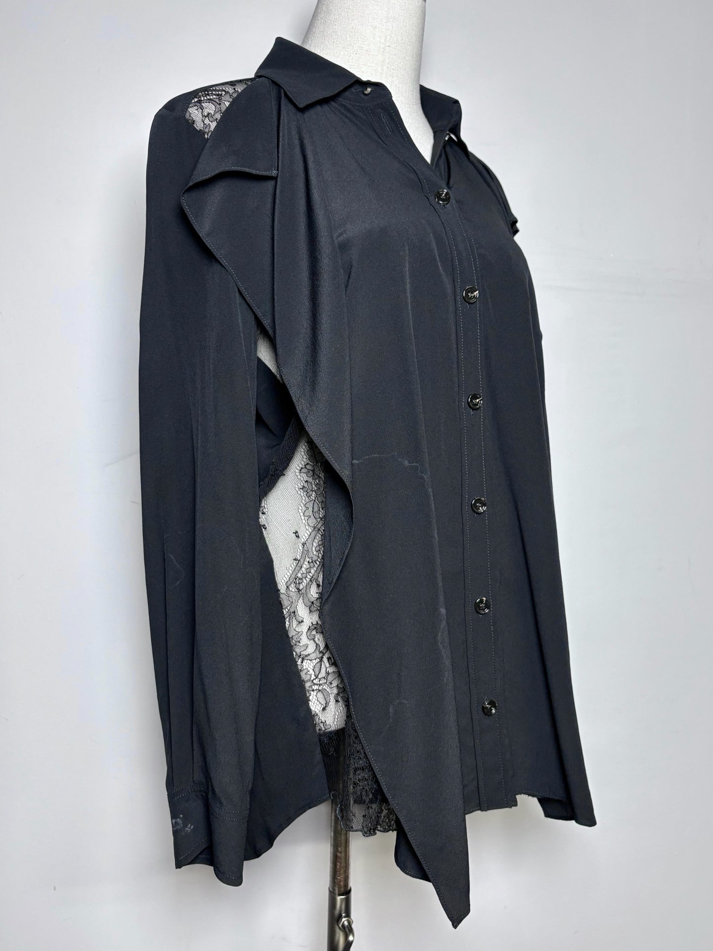 Women Size 4 Burberry Black Pure Silk, Lace Panels Blouse