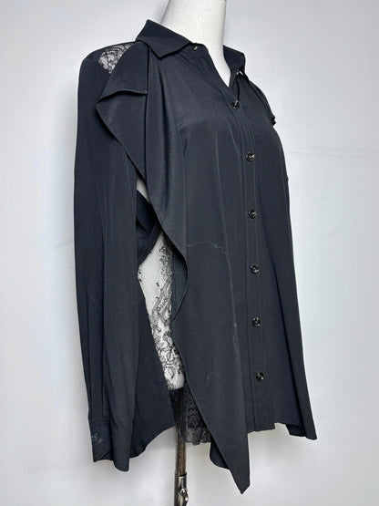 Women Size 4 Burberry Black Pure Silk, Lace Panels Blouse