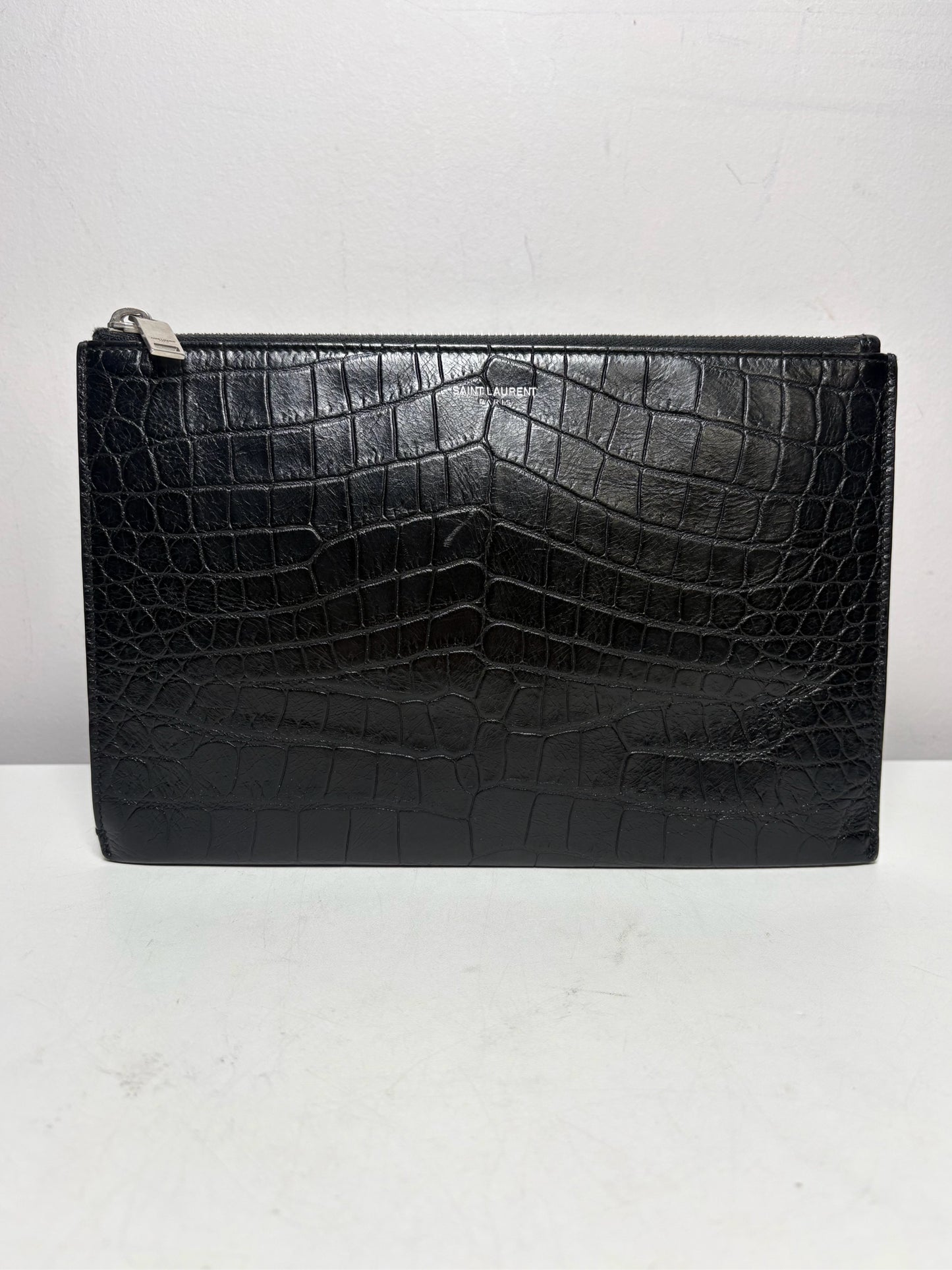 Saint Laurent Black Croc Embossed Leather Pre-Owned Portfolio Clutch