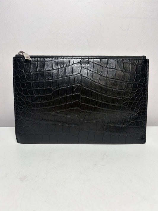 Saint Laurent Black Croc Embossed Leather Pre-Owned Portfolio Clutch