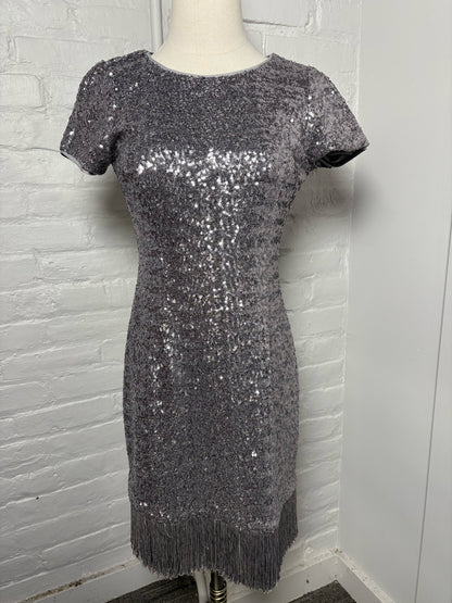 Women Size 4 Aqua Dresses Silver Sequins Fringe Hemline Sheath Dress