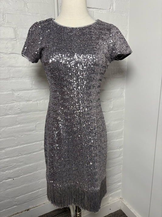 Women Size 4 Aqua Dresses Silver Sequins Fringe Hemline Sheath Dress