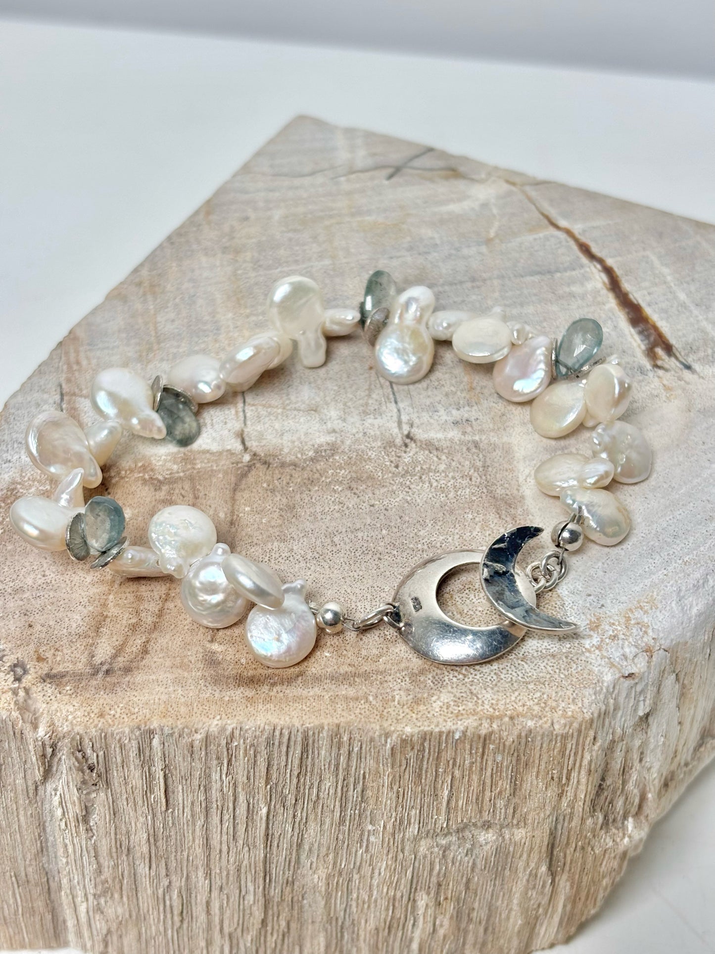 Bracelet - Luna Mar Sterling Silver Ivory Pearl & Aquamarine 7"