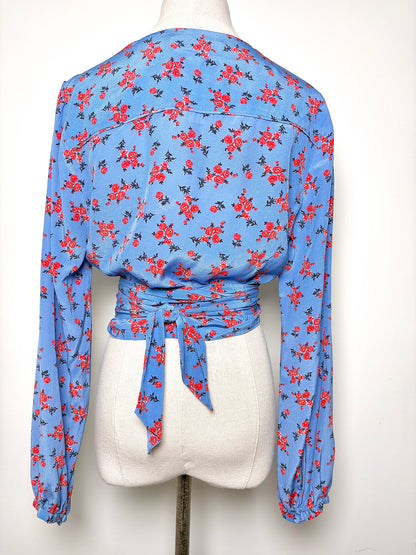 Women Size M Intermix Blue Floral Print Wrap Blouse