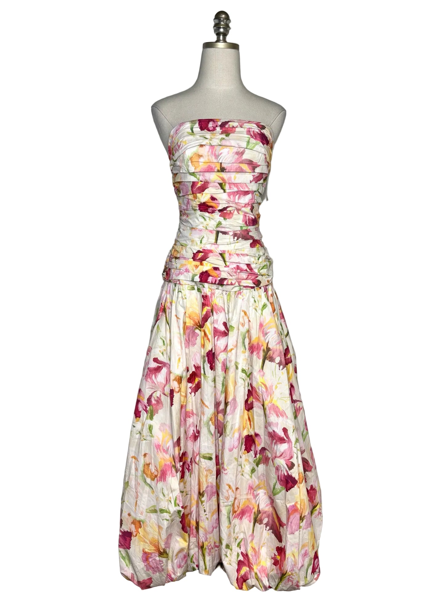 Floral print maxi cotton, strapless dress.
