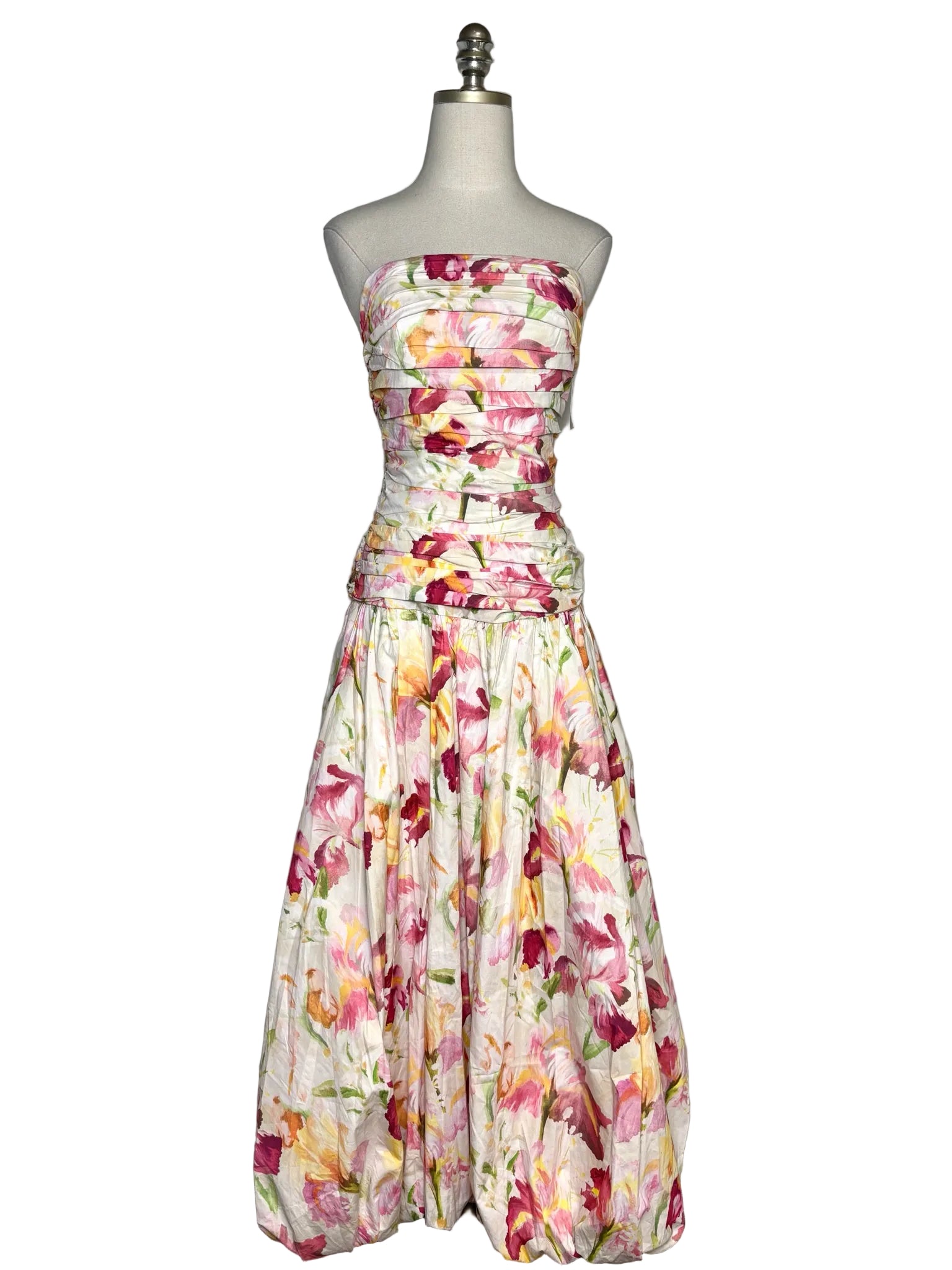 Floral print maxi cotton, strapless dress.