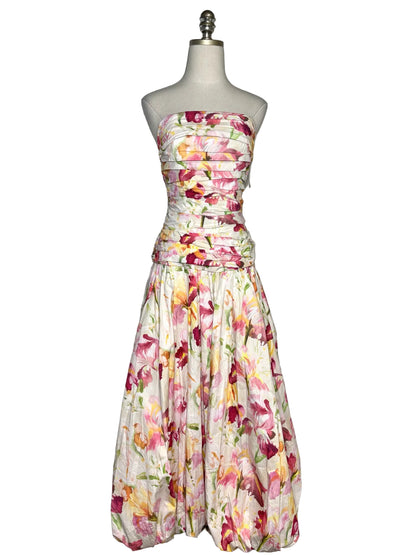 Floral print maxi cotton, strapless dress.