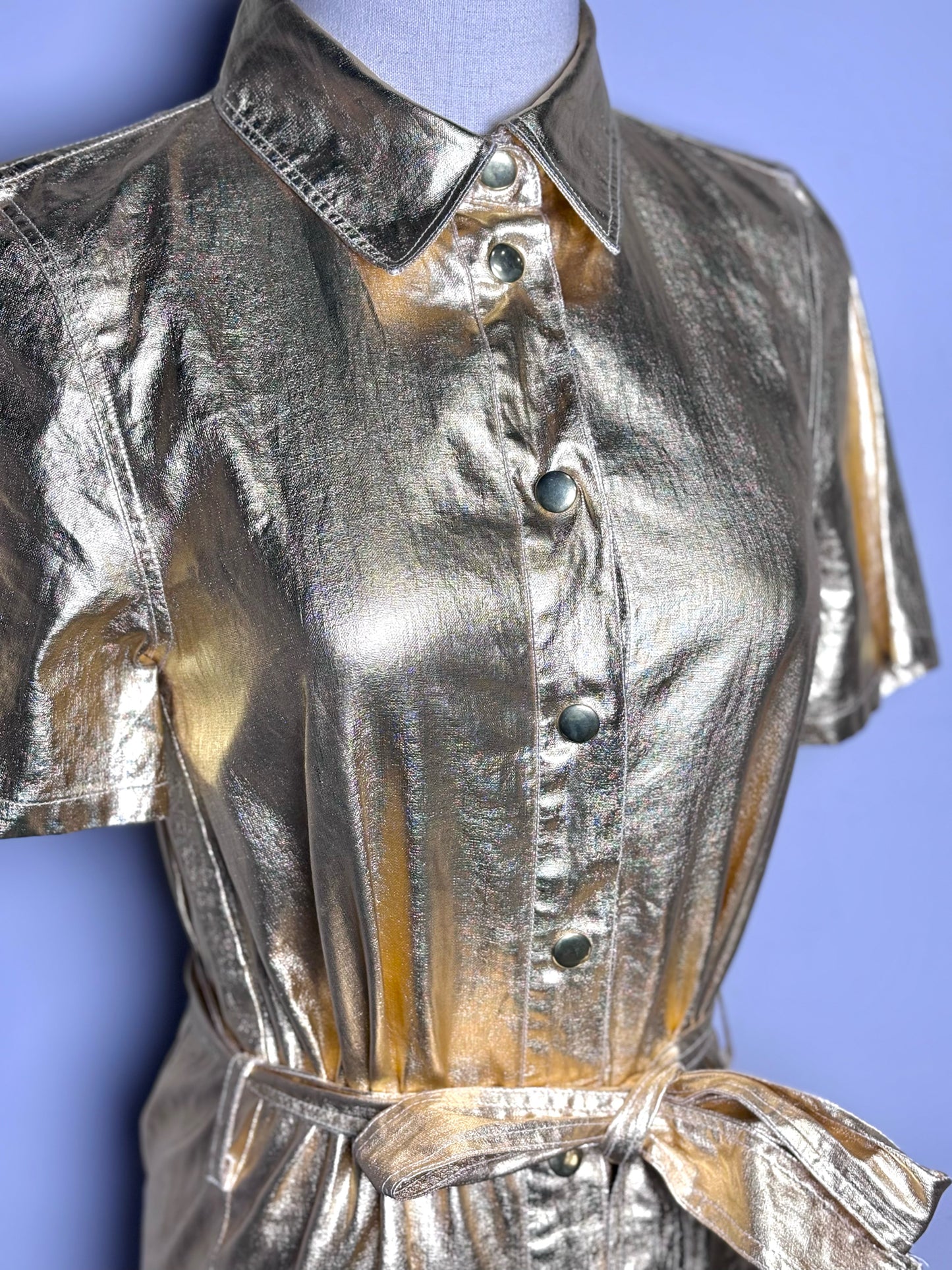 Women Size XS Lanthropy Metallic Gold Solid 100% Linen Pre-owned Shirt Dress