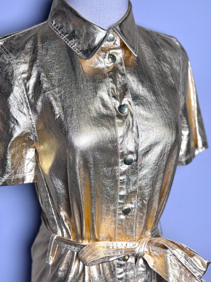 Women Size XS Lanthropy Metallic Gold Solid 100% Linen Pre-owned Shirt Dress