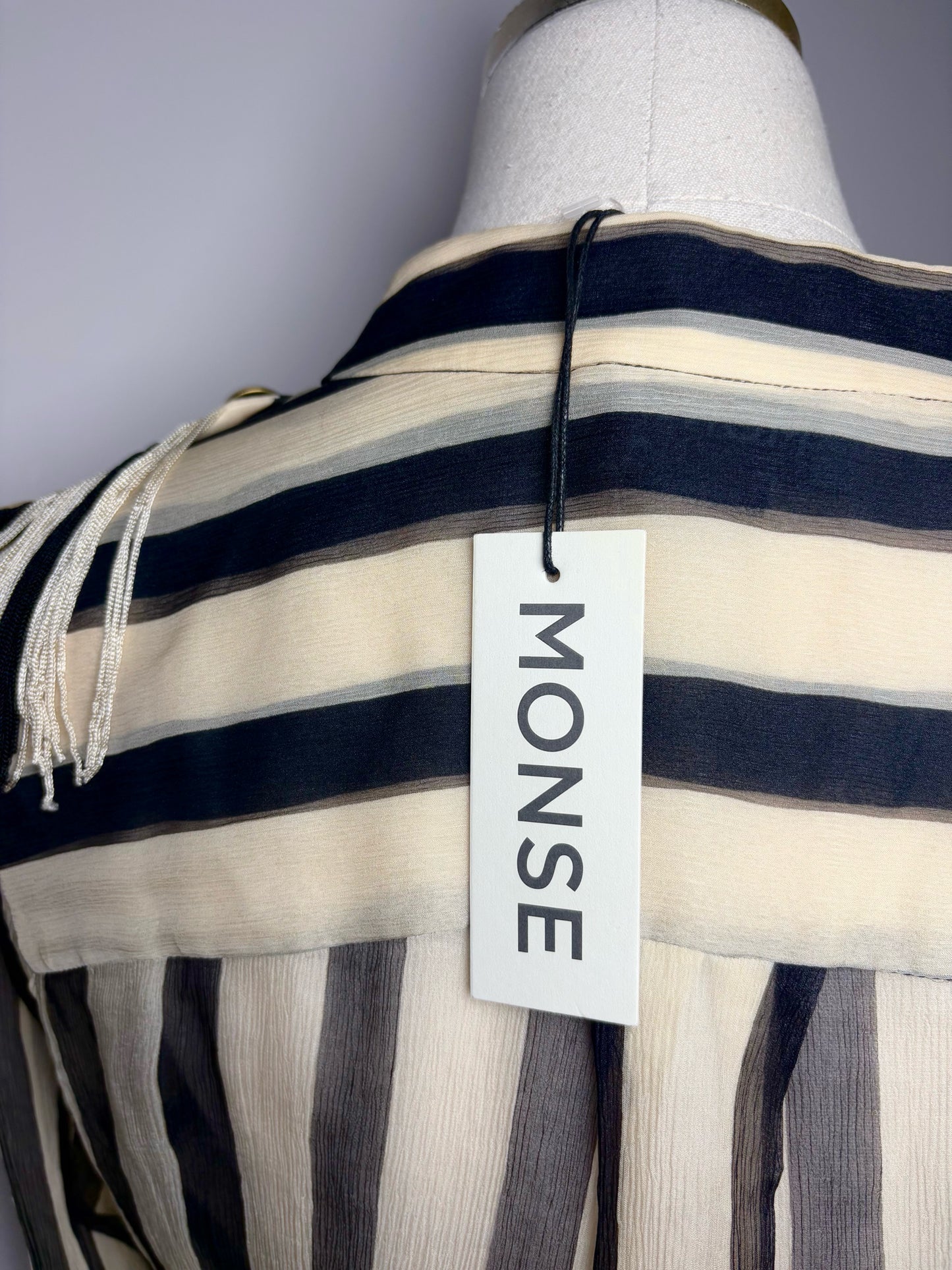 Women Size 8 Monse Bone, Black, Blue Striped 100% Silk Pin-Embellished Blouse