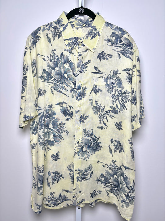 Mens Size XL 120% Lino Yellow, Blue Linen Fruit/Floral Men's Shirt