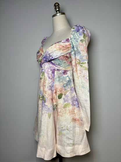 Women Size 1 Zimmermann White, Blue, Green, Pink Dawning Floral 100% Linen Dress