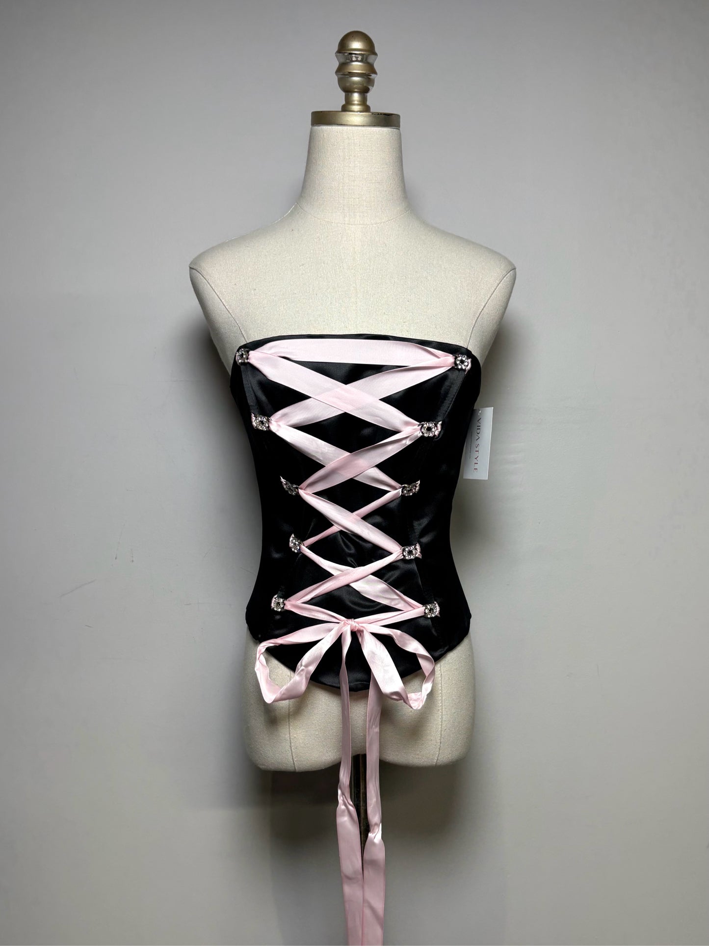 Women's Size XS Dollar Black Shiny Crystal Corset Lace Pink Ribbon NWT Pre-Owned Shirt