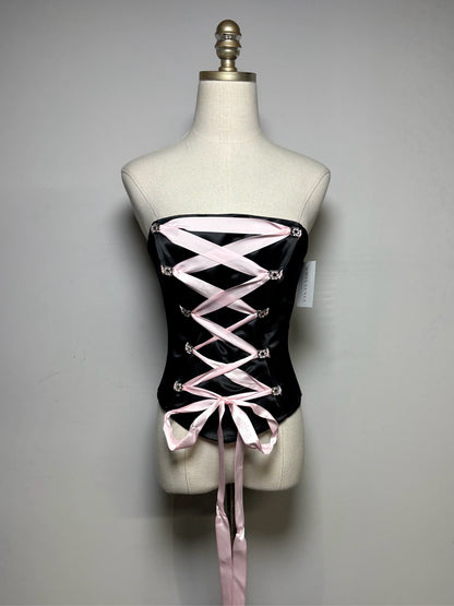 Women's Size XS Dollar Black Shiny Crystal Corset Lace Pink Ribbon NWT Pre-Owned Shirt