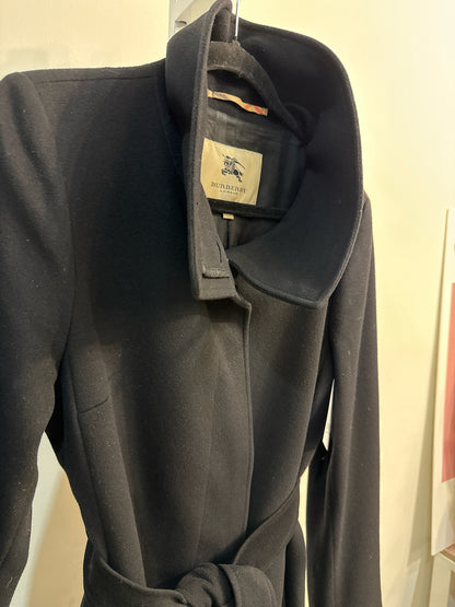 Women Size 10 Burberry Black Solid Wool, Cashmere Belted Coat
