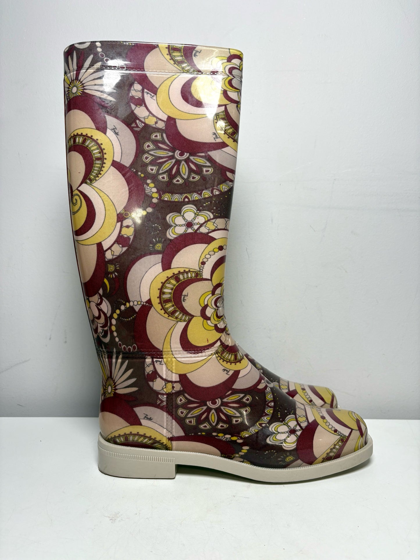 Women Shoe Size 40 (US 10) Emilio Pucci Yellow, Purple & Cream Rubber Vintage Pre-Owned Knee-High Boots