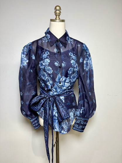 Size 12 Karen Millen Navy Blue & White Floral Women's Polyester Pre-owned Top