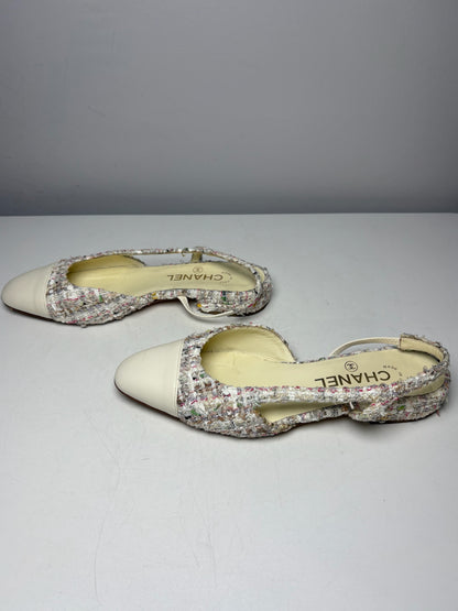 Women's Shoe Size 37.5 Chanel Cream Multicolor Tweed Lambskin Leather Pre-Owned Slingback Shoes