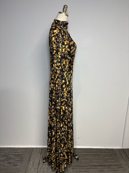 Women's Size XL Ulla Johnson Amari Black Gold Solaris Floral Print Pre-Owned Maxi Dress