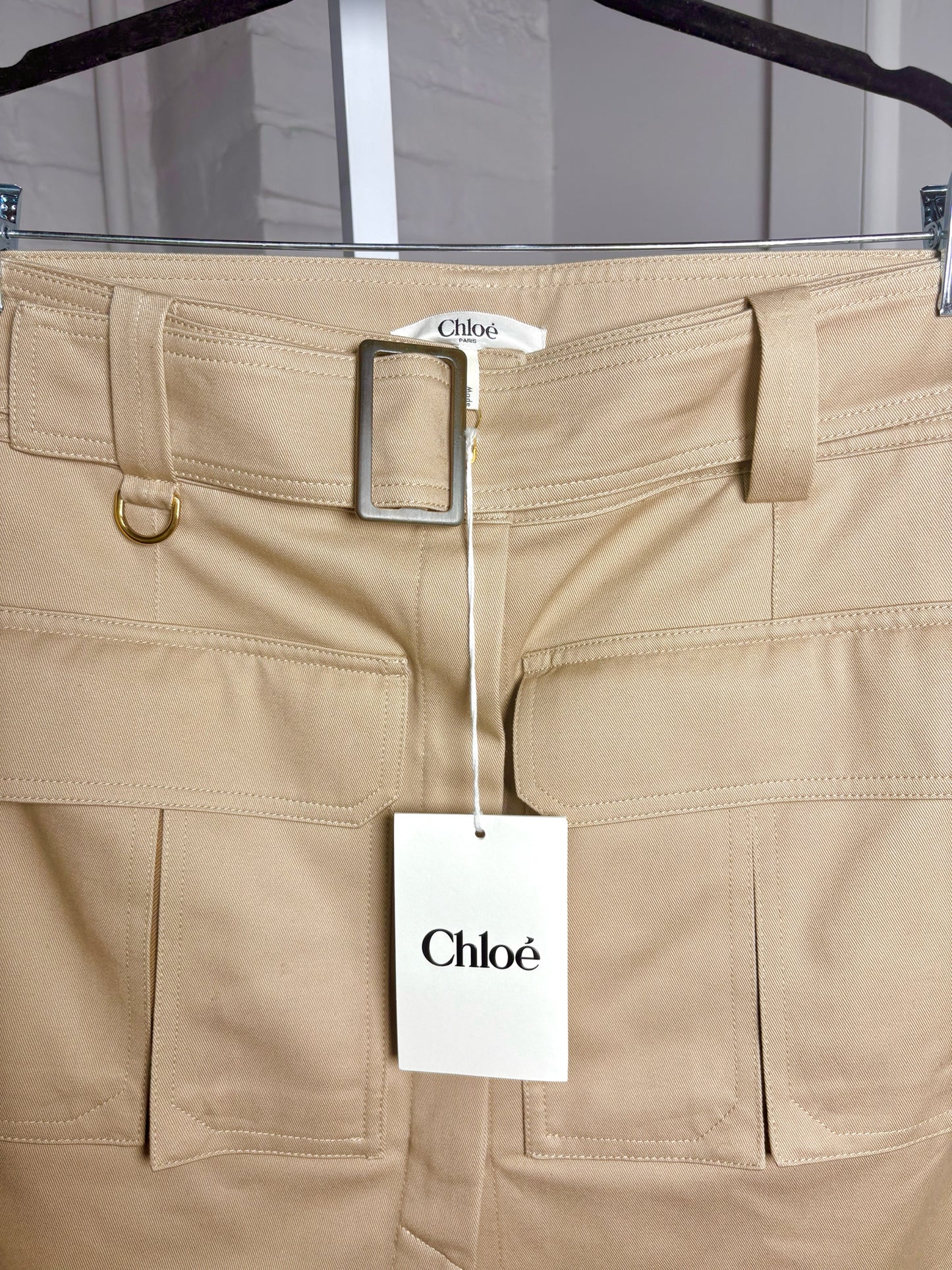 Women Size 40 (M, US) Chloe Tan/Khaki  NWT Cotton Blted Utility Skirt
