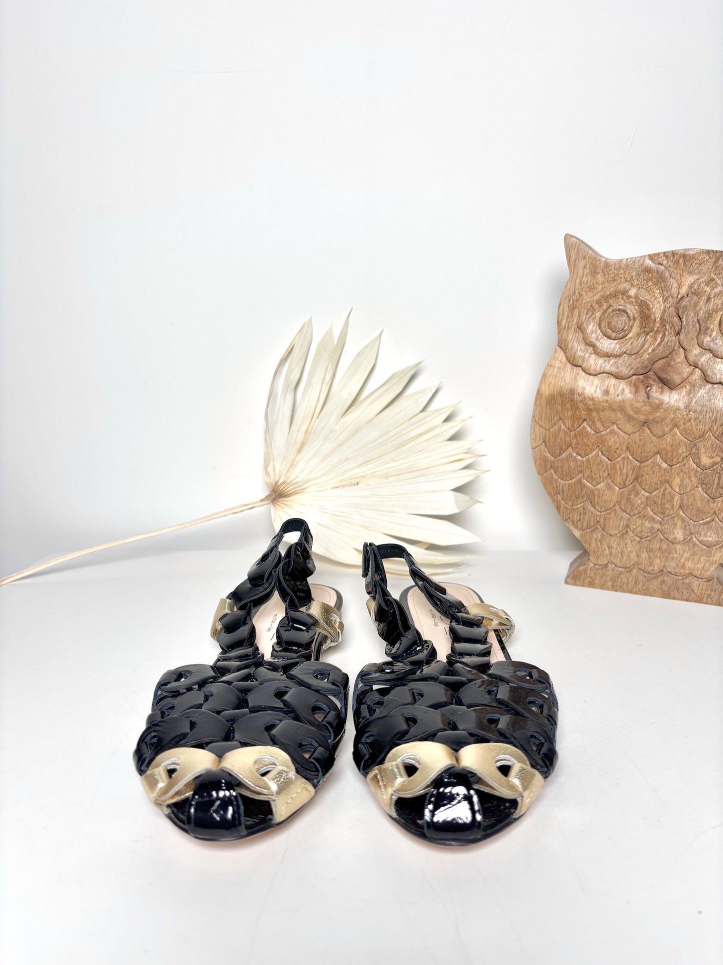 W Shoe Size 37.5 (7.5) AGL Black, Gold Leather Patent Sandals