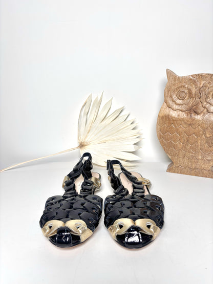 W Shoe Size 37.5 (7.5) AGL Black, Gold Leather Patent Sandals