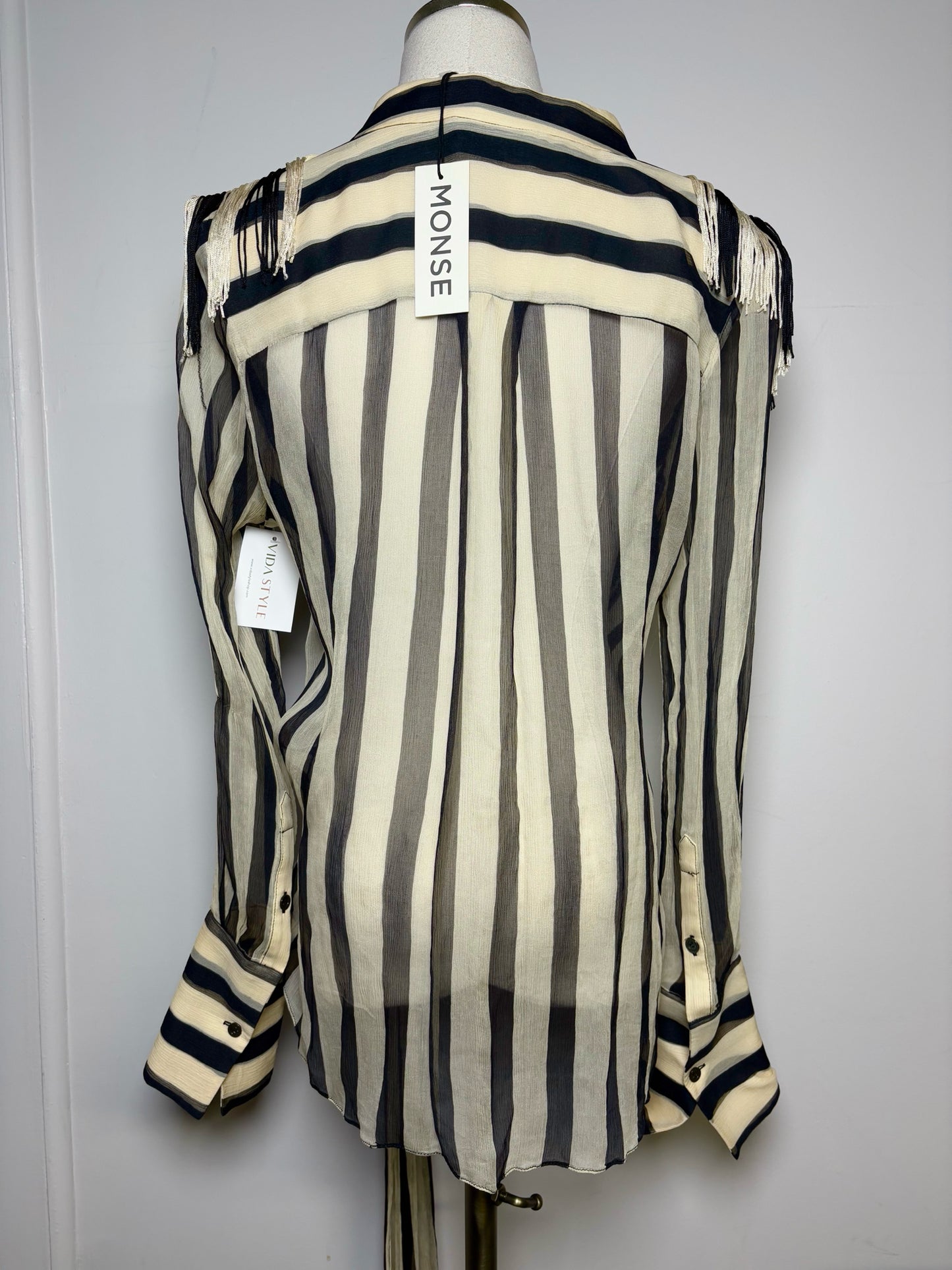 Women Size 8 Monse Bone, Black, Blue Striped 100% Silk Pin-Embellished Blouse