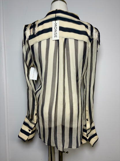 Women Size 8 Monse Bone, Black, Blue Striped 100% Silk Pin-Embellished Blouse