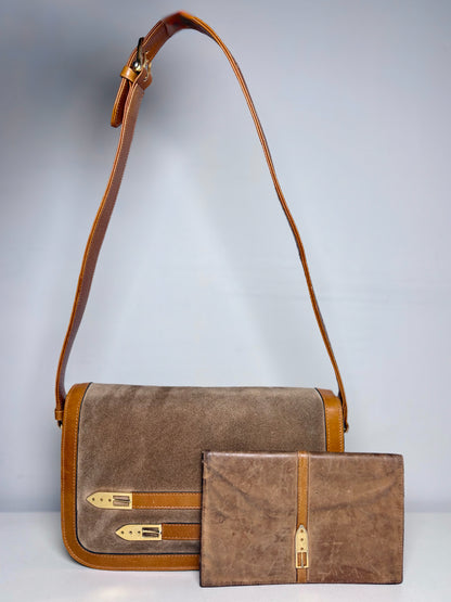 Umberto Italy Vintage Suede, Cowhide Leather Pre-owned Caramel, Beige Purse