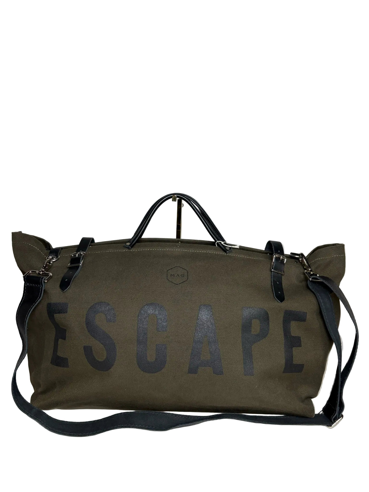 Green duffel style tote bag with black "ESCAPE" written on front