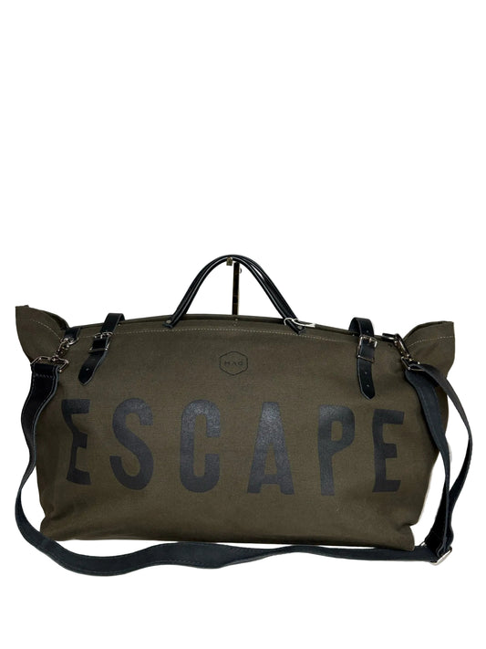 Green duffel style tote bag with black "ESCAPE" written on front