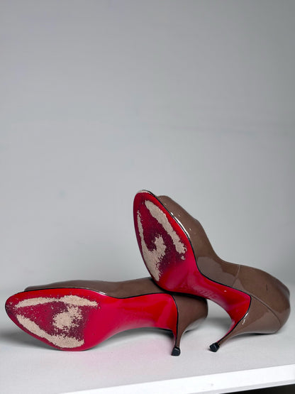 W Shoe Size 38 Christian Louboutin Taupe Leather Patent Pre-owned Heels