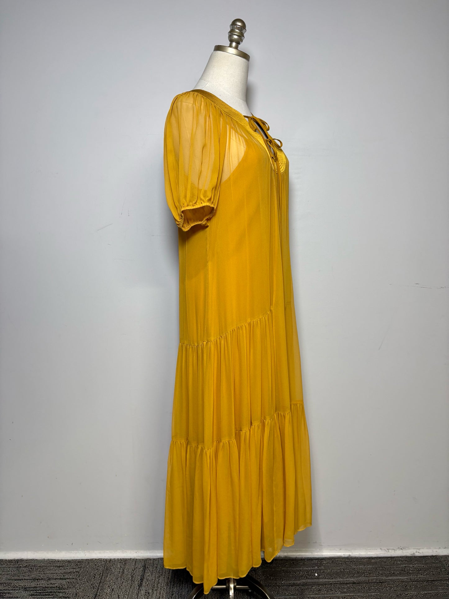 Women's Size M La Ligne New York Mustard Pre-Owned Tiered Midi Dress with Slip