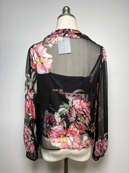 Women Size PS Jade by Johnny Was Black Floral Print Pure Silk Pre-Owned 2-Piece Blouse