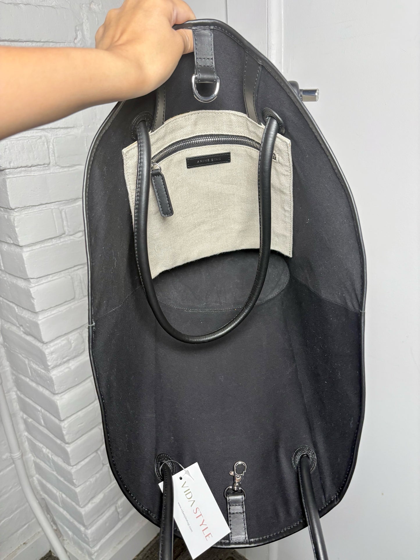 Anine Bing Logo Cotton Khaki Leather Trim Logo Taylin Tote