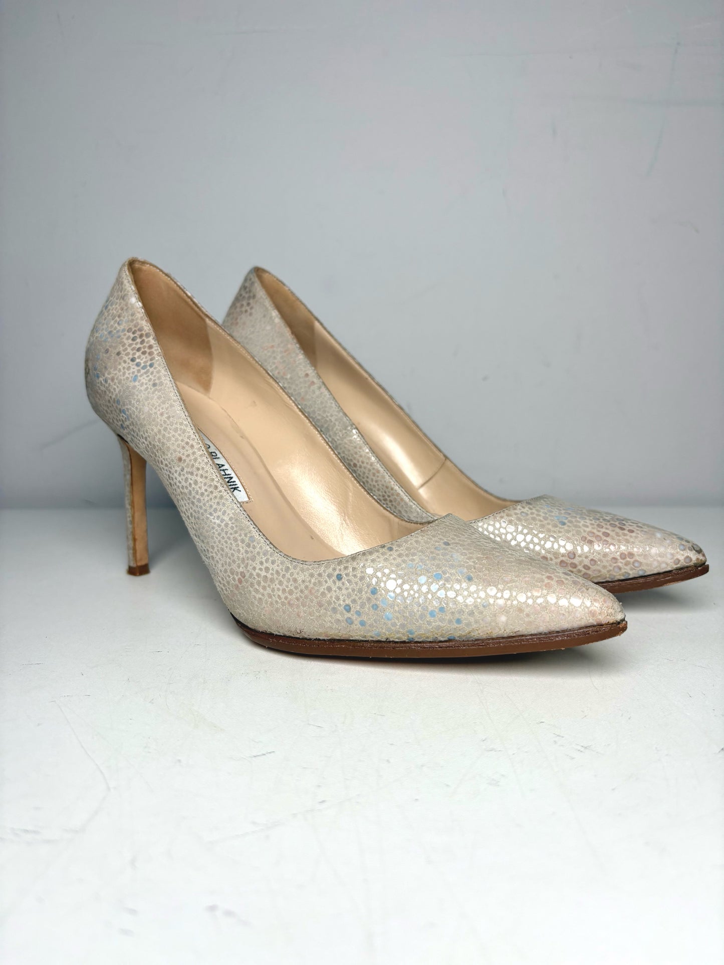 W Shoe Size 38 Manolo Blahnik Bone Snakeskin Effect Pre-owned Heels