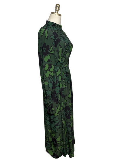 Women Size 40 Christian Wijnants Dark Green Black Floral Rayon Pre-Owned Maxi Shirt Dress