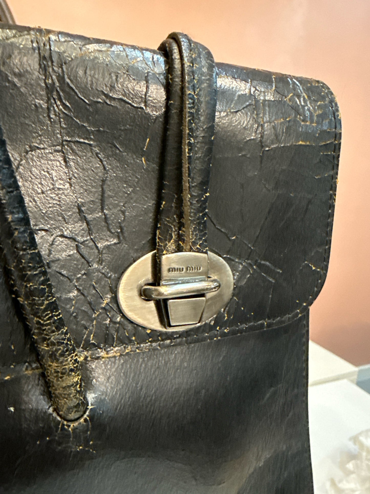 Miu Miu Vintage / Y2K Cracked Leather Black Handbag