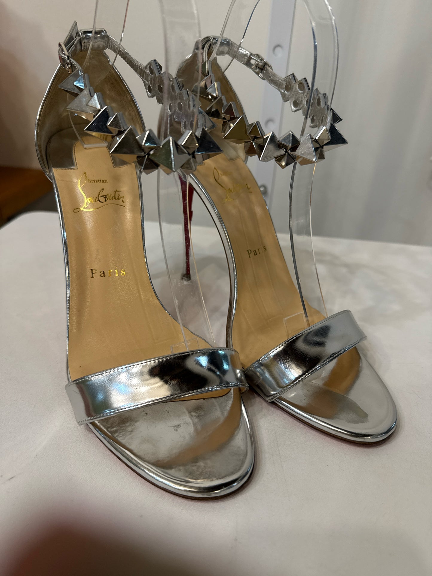 Christian Louboutin Silver Spike Open-Toe Ankle Strap | Pre-owned