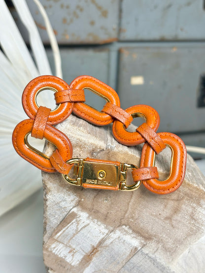 Pre-Owned Prada Leather Chain Links Orange Bracelet