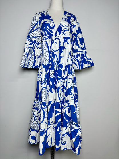 Women Size M Double J Blue, White Print Cotton Pre-owned Maxi Dress