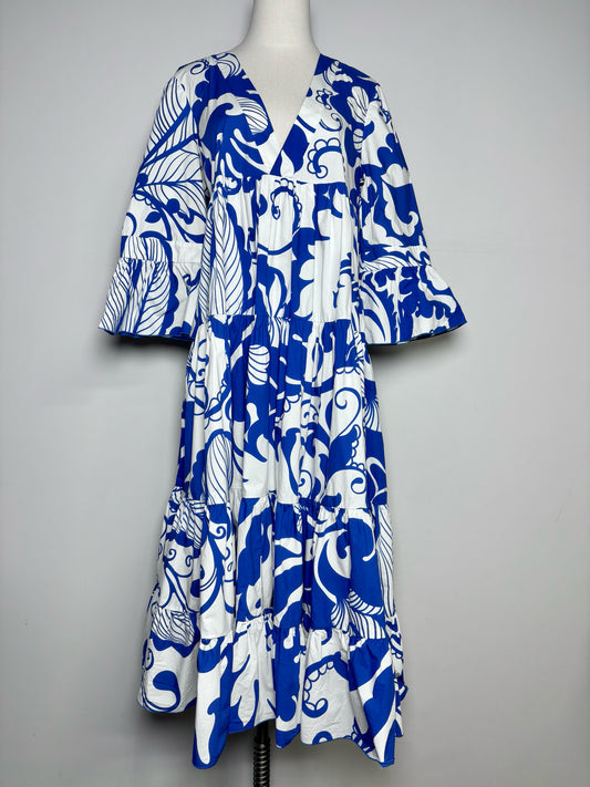 Women Size M Double J Blue, White Print Cotton Pre-owned Maxi Dress