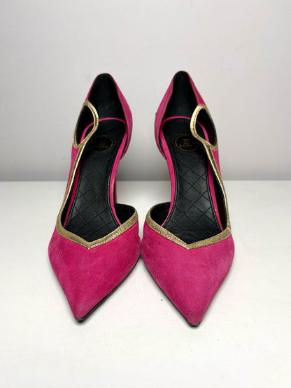 W Size 39 (8 - 8.5) Balmain Miley Fuchsia, Gold Trim Leather Suede NWOT Heels
