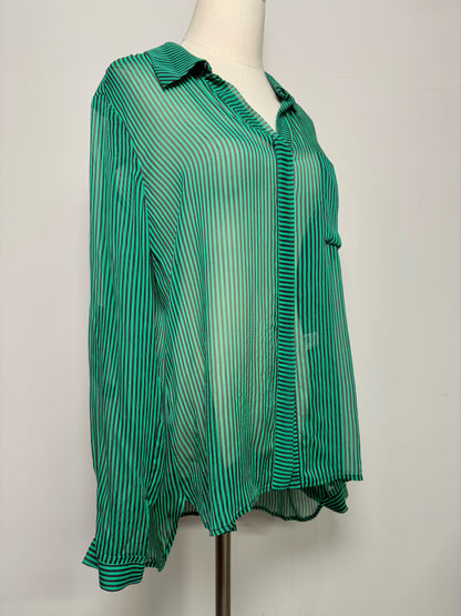 Women Size 14 Diane Von Furstenberg Green, Black Striped Silk Blouse