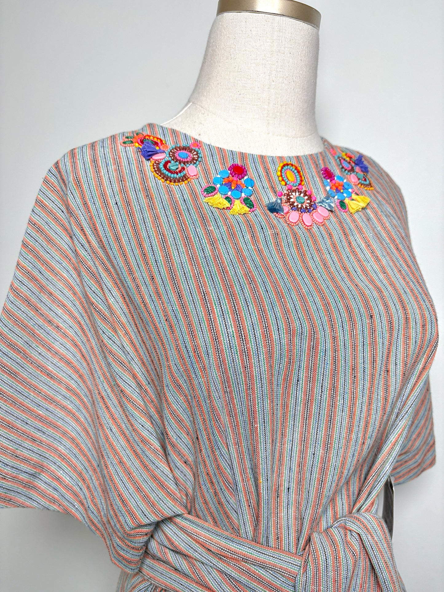 Women Size 2 (8/M) Megan Park Orange, Khaki, Black Striped Tassels Dress