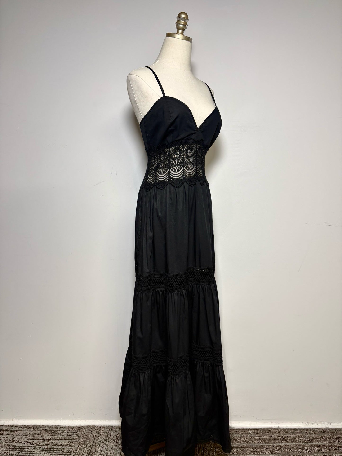 Women Size L Loretta Caponi Firenze Black Pure Cotton with Lace Pre-Owned Midi Dress