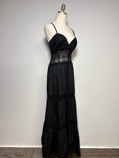 Women Size L Loretta Caponi Firenze Black Pure Cotton with Lace Pre-Owned Midi Dress