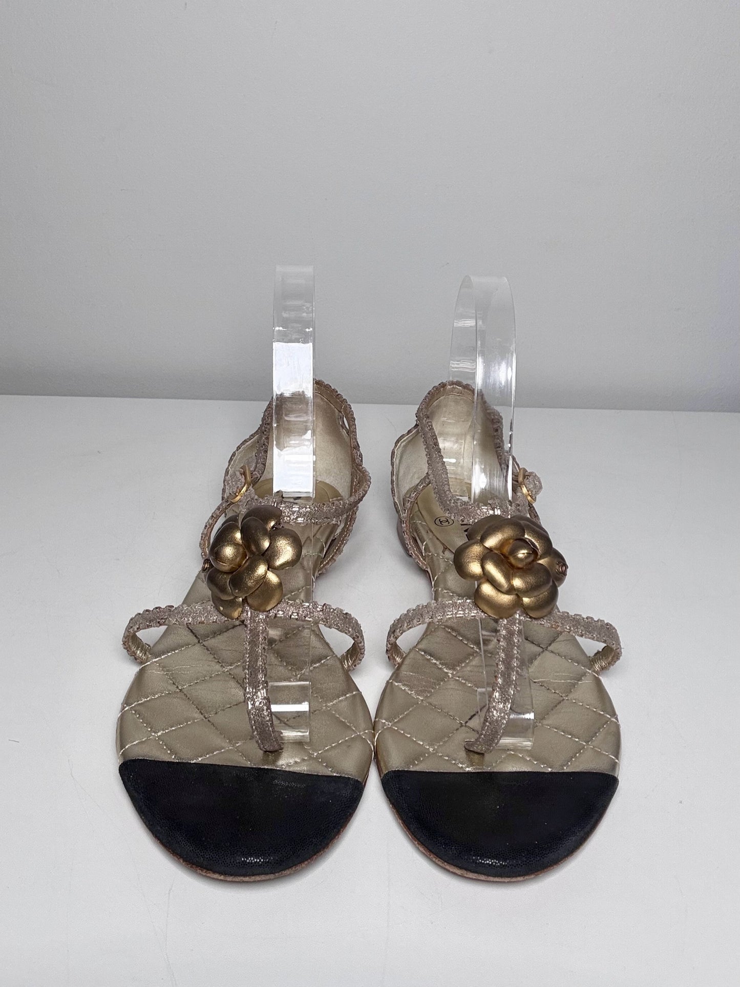 W Shoe Size 39 (8.5 - 9 US) Chanel Gold, Black Leather Vintage Sandals | Pre-owned
