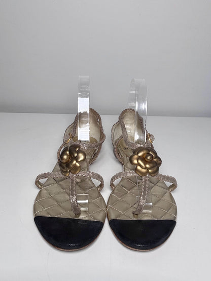 W Shoe Size 39 (8.5 - 9 US) Chanel Gold, Black Leather Vintage Sandals | Pre-owned